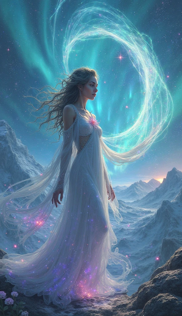 1 girl, (3D sculpture,A woman in a long dress stands on a cliff looking at the stars, space goddess, galaxy goddess, goddess in heaven, Astral ethereal, Dreamy, Beautiful celestial mage, beautiful fantasy painting, beautiful fantasy art, Ethereal fantasy, very beautiful fantasy art, digital art fantasy, Charming and otherworldly, fantasy beauty, Beautiful Art Ultra HD 4K Presented by Octane,Volumetric light,natural soft light,), (Super exquisite:1.2, Loss of focus:1.2, Very colorful, Cinema lighting, chiaroscuro,Ray tracing), masterpiece, super rich,super detailed,8K, 3ddianshang\(style\)