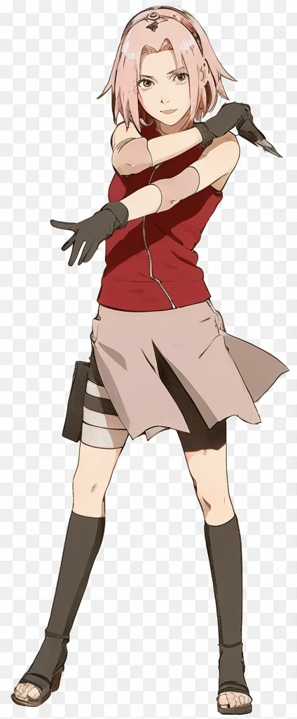 (masterpiece: 1.2), (high quality), 1girl, solo, sakura haruno, pink hair, long hair, with headband, green eyes, red clothes, tight black shorts, exposed thighs, black knee high socks , real whole body , realistic , reality , highly detailed , image looks very detailed , UHD quality , 8k lens , 70mm