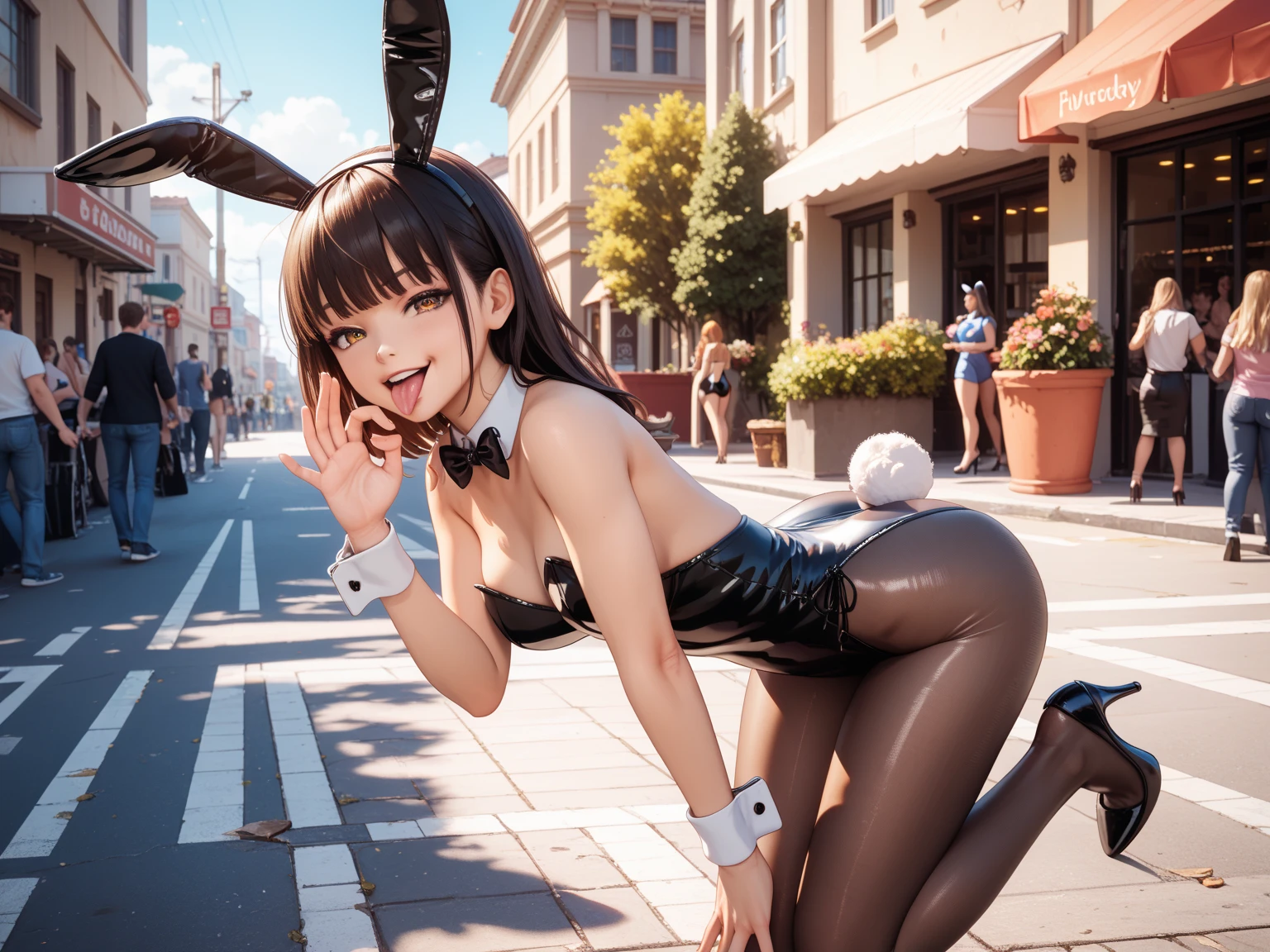 SeaArt Bot
Upscaling
15:09:19
((((Take a selfie with your right hand on your smartphone))))、(((Black Bunny Girl Hair Band)))、(((twintails hairstyle)))、(((Hair that flutters in the wind)))、Photorealsitic、超A high resolution、Convoluted、ultra-detailliert、(dent in the skin)、Cute、Feminine、Detailed body、Medium chest、(A detailed face: 1.1)、(Outline of the iris)、(Hydrocore Lens)、(perfect eyes)、8K、16 K、realisitic、Beautiful fece、(masterpiece: 1.2)、(top-quality:1.2)、wide-hips、slenderbody、Black theme、Optimal ratio of 4 fingers to 1 thumb、actionpose、((Enamel Knee High Boots))、((Enamel Long Gloves)) 、(((maikurobikini)))、(((Bunny girl collar and black bow tie)))、(((Accurately depict limbs))))、NSFW、(((Large sunflower field at sunset)))、(((Back lighting)))、6 people