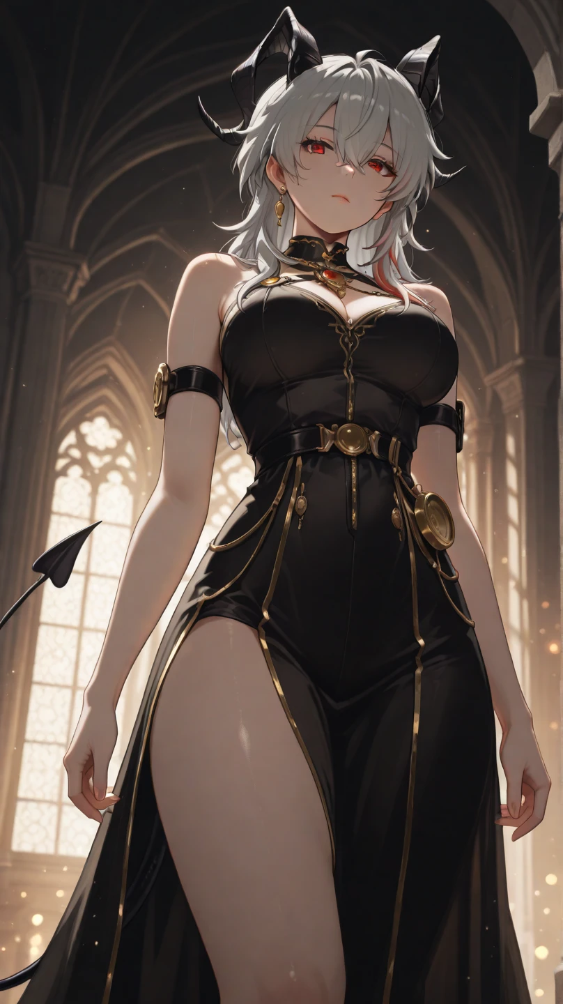 masterpiece, high quality, illustration, extremely detailed, cg unity 8k, 1_women, (upper body), (Caucasian skin_complexion:1.4),mature, statuesque, tall, beautiful, exotic, (((looking away from viewer))), large breasts, shocked expression, surprised face, nsfw, chest window, ((cleavage)), and halter dress, black ((diaphanous sparkling dress)) with gold trim, crown, black knee_high boots, ((white embroidery elbow gloves)), long white hair, realistic and detailed face having (yellow eyes), ((dark_eyeliner)), long_eyelashes), natural dynamic lighting casts detailed shadows, castle court room, (roman style background), marble columns,