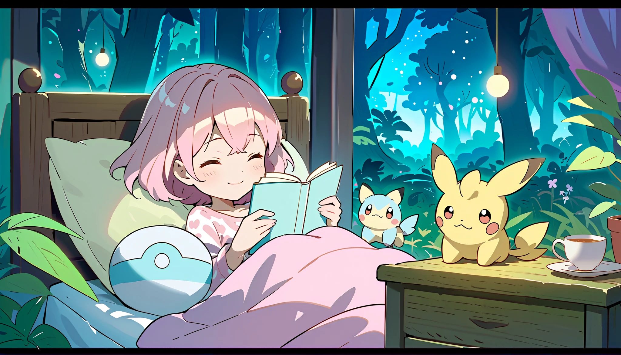 "A dreamy LOFI-style anime scene centered around adorable, sleepy Pokémon in a soft, nighttime setting inspired by the world of 'Pokémon Sleep'. Snorlax lies peacefully as the focal point, surrounded by other comforting Pokémon like Eevee, Togepi, Jigglypuff, and Pichu—all in various relaxed, sleeping poses. A gentle girl in cozy pajamas sits nearby, smiling softly as she watches them, with a notebook or cup of tea in hand. The scene glows with moonlight and floating sparkles, capturing a magical, tranquil mood. The background shows a calm bedroom with Pokémon plushies and gentle lighting, or a quiet forest clearing with bioluminescent plants. Emphasis on the peaceful presence and charm of the Pokémon, with soft colors, warm shadows, and a soothing LOFI atmosphere."