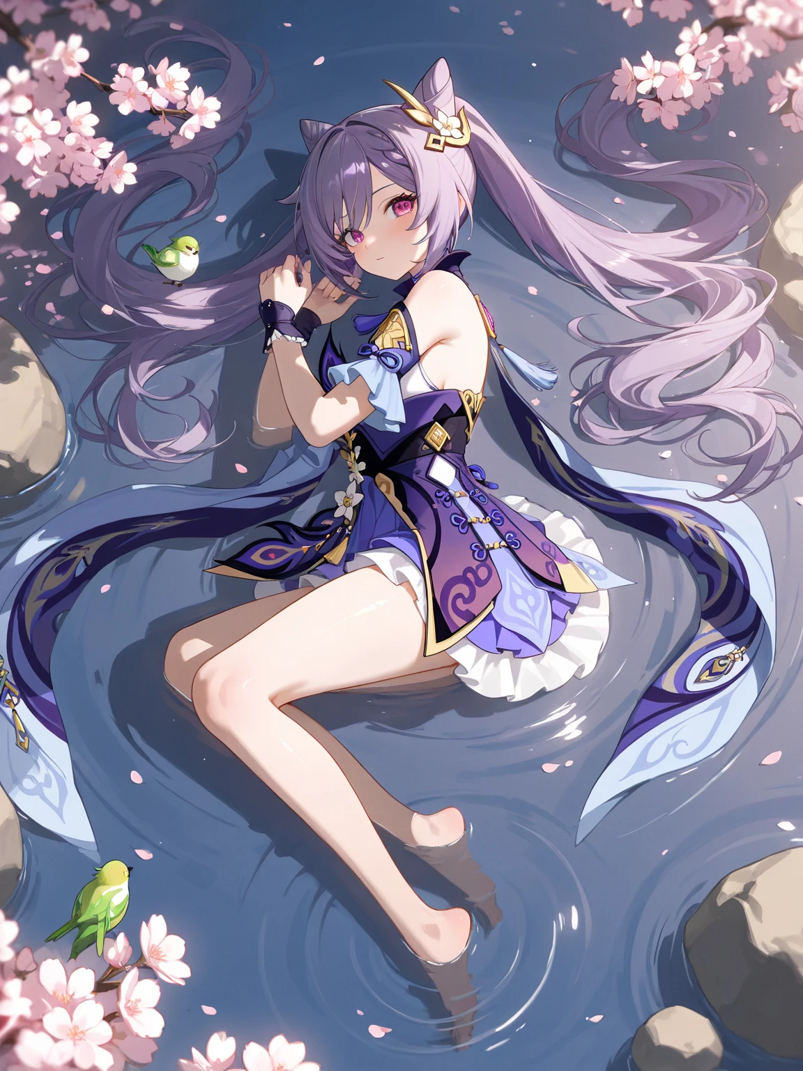 best quality、remilia scarlet(purple hair)、cute、kimono、fantasy、lying down in shallow water