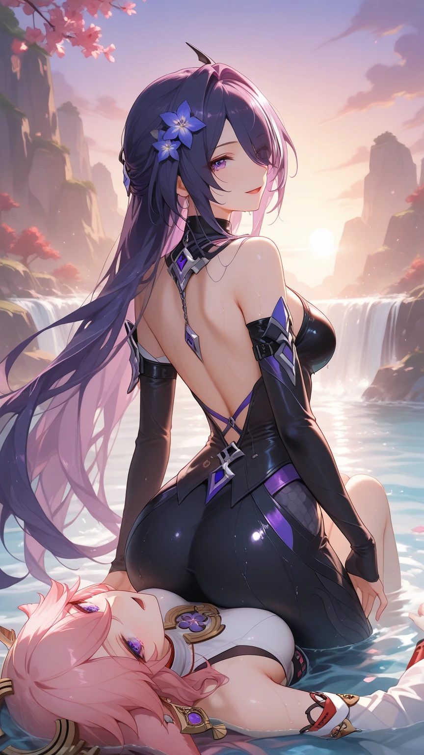 high resolution, ultra-sharp, 8k, Masterpiece,  keqing, looking at the viewer, Photography from behind, thick ass, wearing tanga morada, seductive smile, beautiful face, ashamed, ashamed, sticking out ass, blond hair