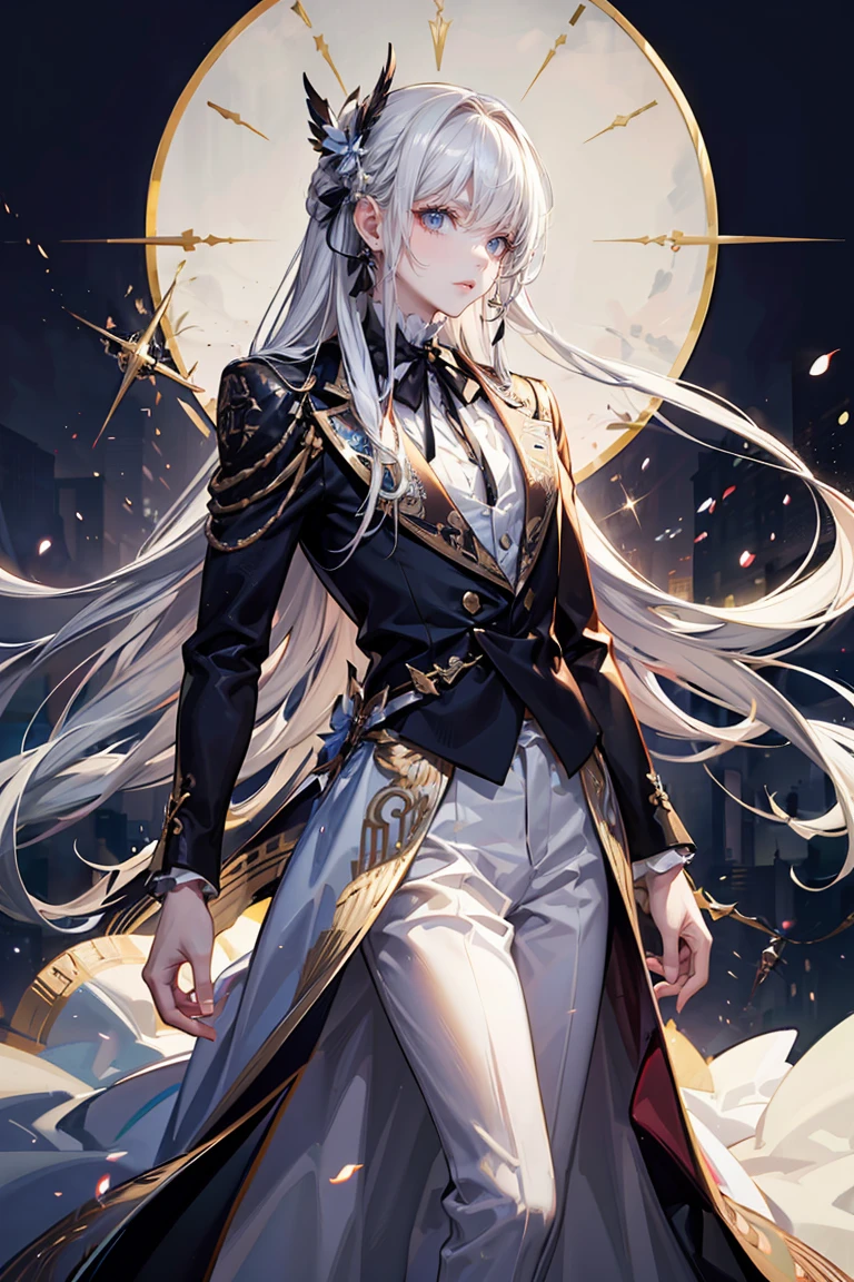 ((Highest quality)),(Ultra-high resolution),(Super detailed),(Detailed Description),((The best CG)),(masterpiece),Highly detailed art,(Art with precise detail:1.5), (A woman wearing a neatly tailored suit:1.6),(Handsome face:1.3),Confident expression:1.3,(Enamel pumps:1.4), (Stand on the magic circle of fire:1.5),(Rising flames:1.6)