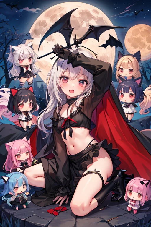 vibrant colors, succubus, loli, heterochromia, long hair, white hair, flat chest, looking at viewer, standing, black bikini, scenery, desert road, night.