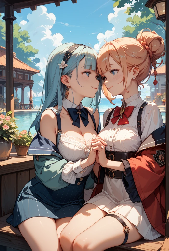 Official Art, Masterpiece, Sharp Focus, (Beautiful Gorgeous Cute Chinese Woman: 1.3), (Beautiful and Cute Chinese: 1.3), Chinese Beauty, Delicately Beautiful Hair and Eyes and Face, Realistic, Super Detailed, Beautiful Girl, Blue Sky, Glowing White Particles, (Sidelighting: 1.2), Sunlight, White Clouds, Detailed Clouds, Slender, Cute Big Breasts and Big Buttocks, Toothy Smile ((Laugh with Eyes Open)), Landscape, Long Straight Hair, Sexy facial expressions, Mountains and rivers in the background, Blue sky and white clouds, (cityscape:1.7), dynamic hair, long straight hair, fine gilt blonde hair, glowing heterochromic pupils, (upper body tight vest, tong), black stockings, pale skin, hair accessories, epic scenery, two beautiful girls stuck together