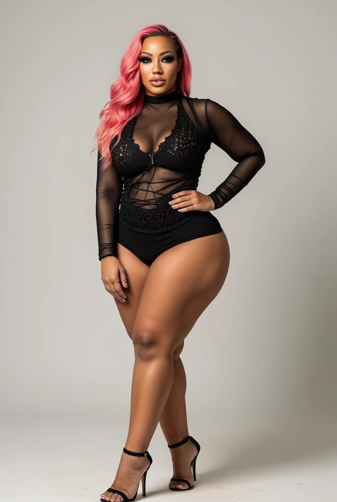 50 years old woman, mix Latina-African, messy hair tied in a bun, brown skin, chubby, mom bod, wearing neon pink body net, medium , plump thighs, plump ass.