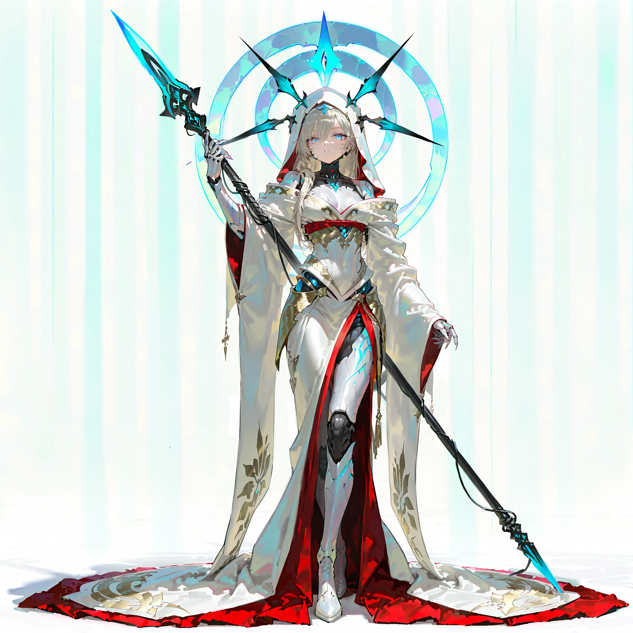 (((masterpiece))), (((Best Quality))), ((Ultra-detailed)), ((extremely delicate and beautiful)),solo, Full body, (phyrexian robotic female)(phyrexian android female) (mechanical undead lady) skin replaced with iron, (pale gold hair and glowing ultra-blue eyes) (ragged red Japanese nun's habit)(red ragged kimono) (raise up huge obelisk-spear head polearm weapon)(high-heeled boots), ultra-massive, very muscular, highly detailed, highest details, full body standing, Whole body, (((white background)))