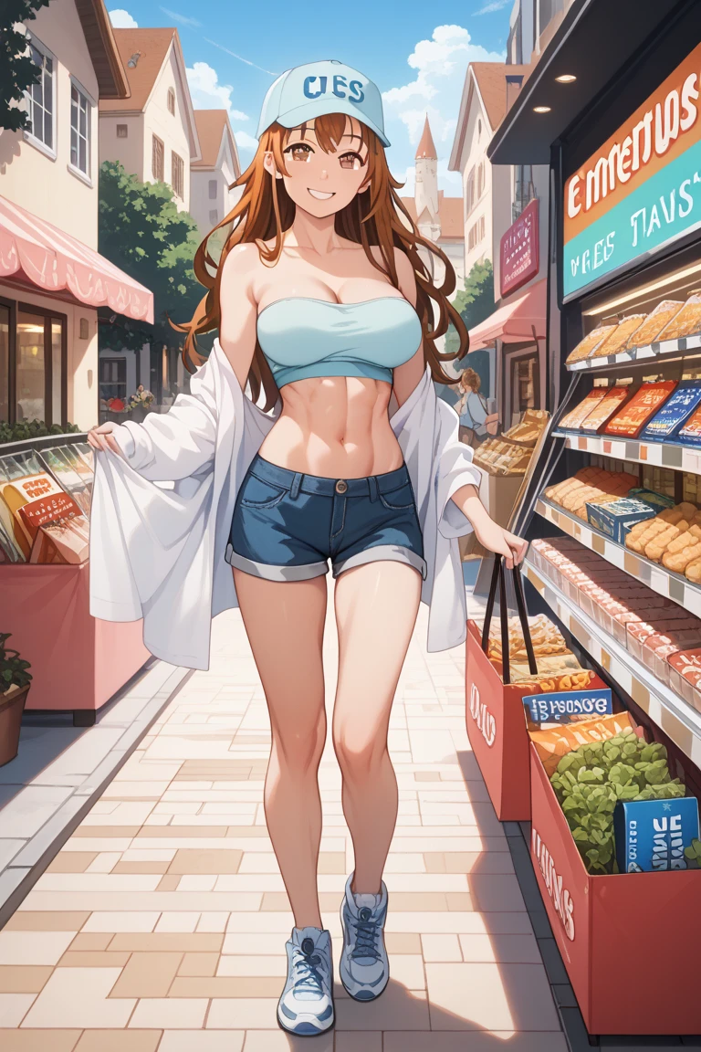 Masterpiece, best quality, Masterpiece, best quality, 1 woman, straight brown hair , sly face , black bikini , big breasts , abdomen , Long legs , hands on hips , Barefoot , full body , convenience store