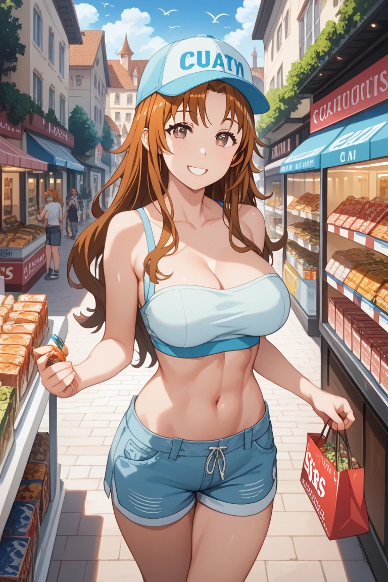 (masterpiece, best quality, ultra-detailed, high resolution, detailed eyes), takeda hiromitsu style, 1woman,(30 years old), earrings, curvy body, large breasts, long red hair, curly hair, shopping