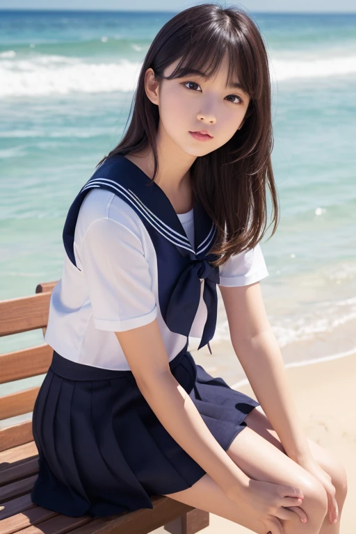 squat, Madoka Ayukawa, 14 years old, bangs, 1girl, masterpiece, highest quality, disorganized, retro artstyle, 1980s \(style\)))), look viewer, (((scool sailor uniform))), full blush, (((no Panties))),, Take a look here, (((nsfw))), view audience, nsfw, Genitals are visible,1girl, (((See here))), nsfw, (Japanese girl showing off genitals:1.1), look viewer, (((walk on the beach, knee standing,))),