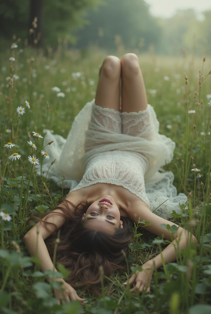 A girl on a lawn with a small skirt that barely covers anything, lying with your ass up