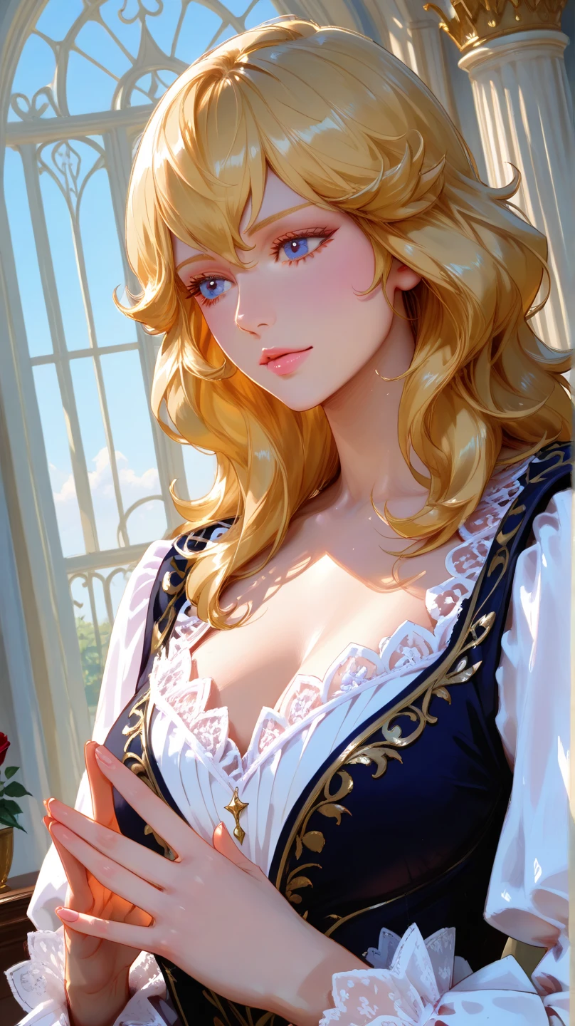 (((shoujo-style))), (romance manhwa), 1girl, blonde hair, solo, long hair, (earrings), flower, rose, crystalline, dress, tiara, white dress, gloves, long sleeves, choker, mascara, makeup, elbow gloves, bow, floating hair, bra, jewelry, looking at viewer, collarbone, puffy sleeves, golden accessories, upper body, parted bangs, very long hair, black dress, frills, bangs, closed mouth, outdoors, detailed eyes, dynamic cut,