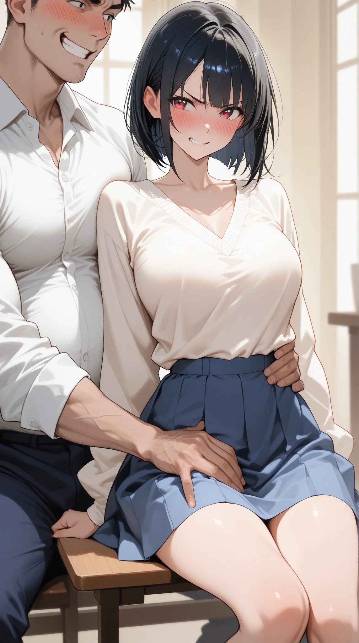 huge breasts,6yo,masterpiece, best quality, highres, aaanna, long hair, brown eyes, collarbone, collared shirt, white shirt, sleeves rolled up, pleated skirt, blue skirt, miniskirt,, smile, my room,(((Grabbing breasts,sex with guys)))