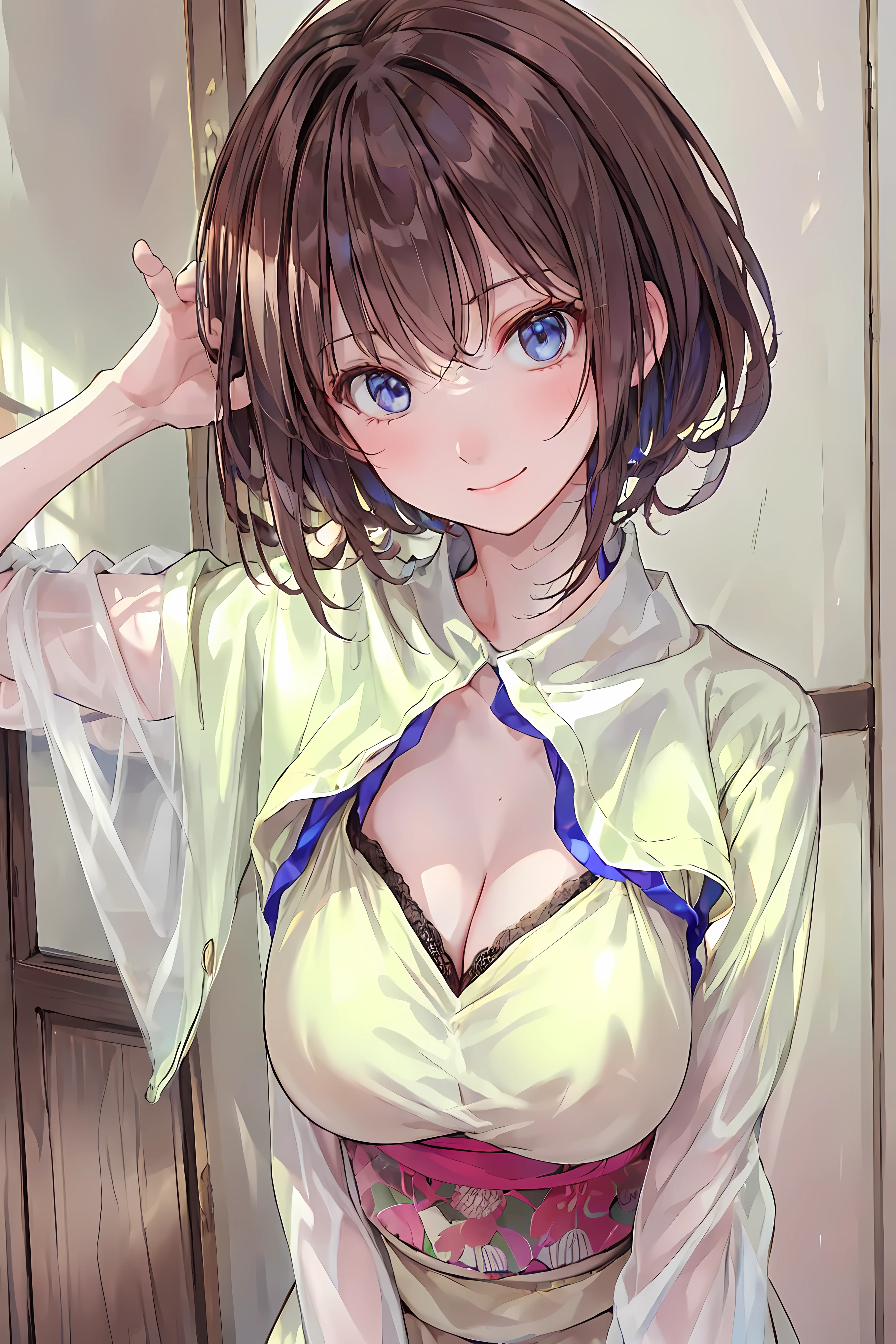 masterpiece, high quality ,16k,8k, beautiful,Get used to it, exquisite,extremely Get used to it, hair, shortcut, slender beauty ,finely Get used to it, high quality , insanely Get used to it, ultra Get used to it, Ultra High Definition , high quality , beautiful face, Japanese , on the body Be careful, wet, she's short , small breasts,open_mouth,(baby face sitting in POV:0.7), shortcutヘア, realistic, (masterpiece:1.4, 最 high quality ), (複雑な details), unified 8K wallpaper , ultra details, ( pastel:1.3), () Underwear and corsets, beautiful and aesthetic, 1 person, details, 1 personで, victorian style house ,( Pink curl hairstyle :1.3),( upper _body:1.5),smile、茶hair,shortcut,ボサボサのhair,短い編みhair, Neat , slender beautiful woman, correct posture,small breasts,beautiful脚,enchanting gray-blue eyes shine like stars,droopy eyes,bright color,beautiful目,繊細なsmile,Textured Skin,Best Quality,優しくてbeautiful女性,anime style、