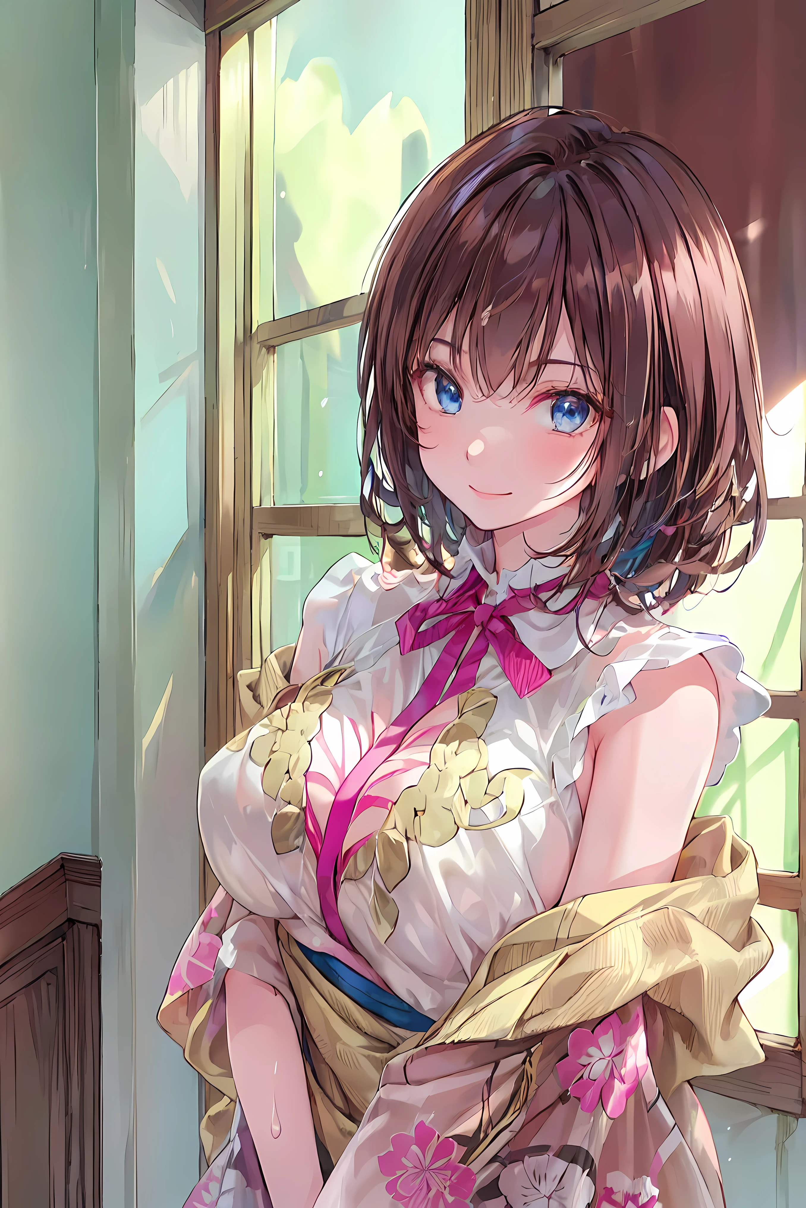 masterpiece,   high quality ,16k,8k, beautiful,Get used to it, exquisite,extremely Get used to it,   hair，  shortcut，    slender beauty    ，finely Get used to it,   high quality , insanely Get used to it, ultra Get used to it,    Ultra High Definition  ,   high quality ,  beautiful face,  Japanese ,  on the body Be careful, wet, she's short , small breasts,open_mouth,(baby face sitting in POV:0.7),  shortcutヘア, realistic, (masterpiece:1.4, 最  high quality ), (複雑な  details),    unified 8K wallpaper   , ultra   details, (  pastel:1.3), ()  Underwear and corsets,  beautiful and aesthetic, 1 person,   details, 1 personで,     victorian style house     ,( Pink curl hairstyle :1.3),(  upper _body:1.5),smile、茶hair，shortcut，ボサボサのhair，短い編みhair， Neat ， slender beautiful woman，  correct posture，small breasts，beautiful脚，enchanting gray-blue eyes shine like stars，droopy eyes，bright color,beautiful目,繊細なsmile,Textured Skin,Best Quality,優しくてbeautiful女性,anime style､