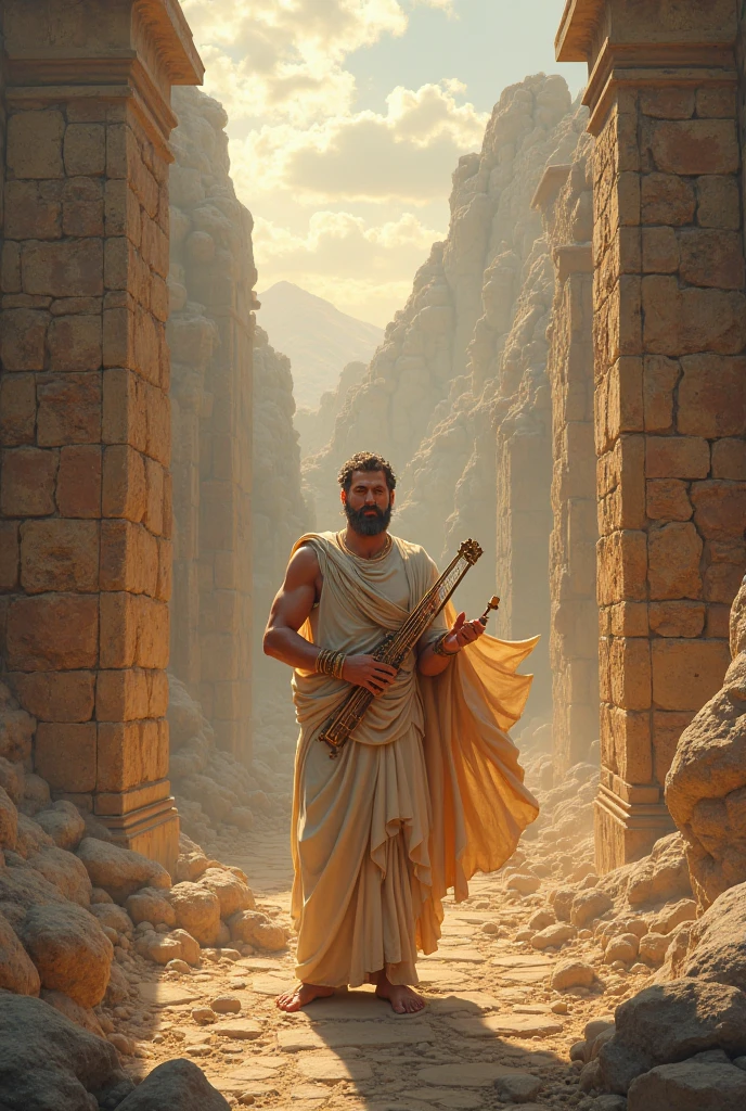 The god Apollo stands holding a guitar on the left hand and a drumstick on the right hand, realistic.