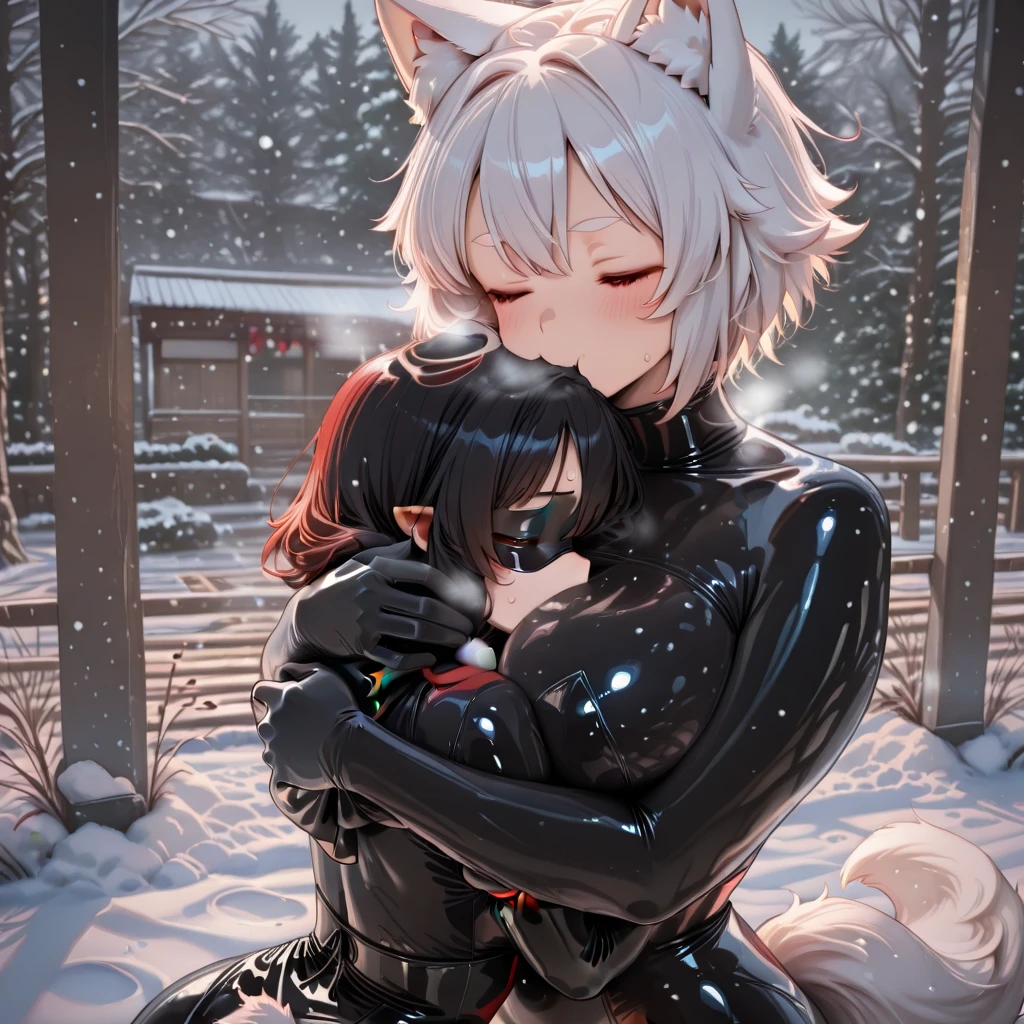female, black shoulder length hair, metallic body, robotic body , android body , robotic arm, robotic legs, cat ears ,soft glowing eyes, no clothes, medium short length hair, small breasts, thin body, curved thighs, laying down beside pool, kissing, hugging, humping, french kissing girls, yuri, lesbian, two characters, girls only, outside, science fiction, stars, galaxy, star ships, at night, dim light, high quality, masterpiece,