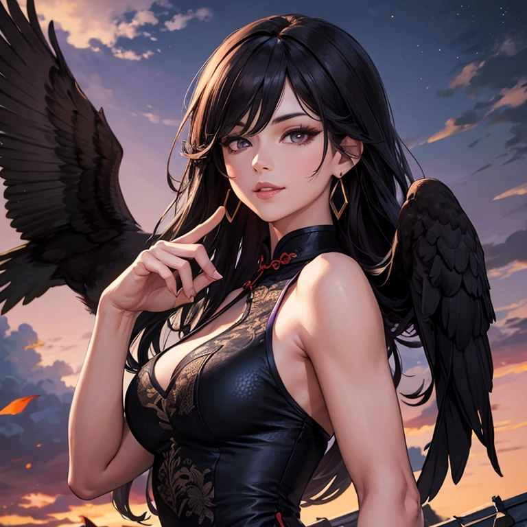 portrait of 1 Dark angel in the dark, her wing surround her, her black wings cover her, totally darkness, dark black tone, 8k, hd, unreal engine, dreamy, romantic, fantasy, black plain background, kimono