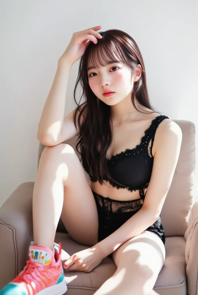 close up of 1 woman、35mm masterpiece、Neat bra and children's panties、Schools、TOKYOcty、乃木坂アイドル、hposing Gravure Idol、韓国アイドル、cute little、Cute bra、sprawl、Opening legs、A smile、dark brown hair、Wavy Hair、ear ornament、full body Esbian、Hands-on pants、Mature look、(8K、Raw photography、top-quality、masterpiece:1.2)、(reallistic、Photorealsitic:1.37)、The ultra -The high-definition、full body Esbian