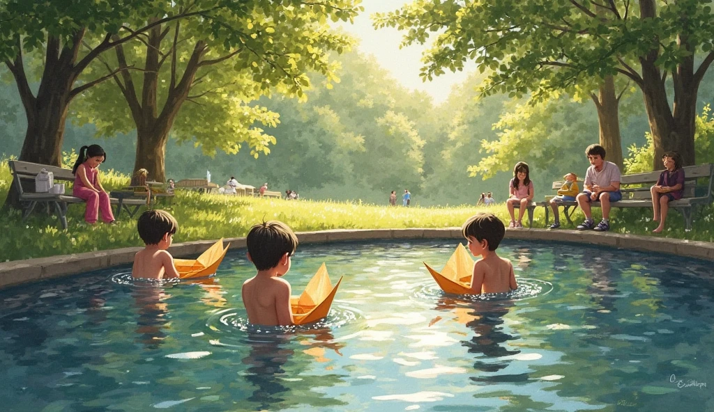 Some boys swimming in a village ponds.the water of the ponds are clear,there are some ducks and some water lily flowers. The boys wearing short pent and t-shirt which are varies in color.Beside the ponds there are so many trees.In the trees there are many birds.