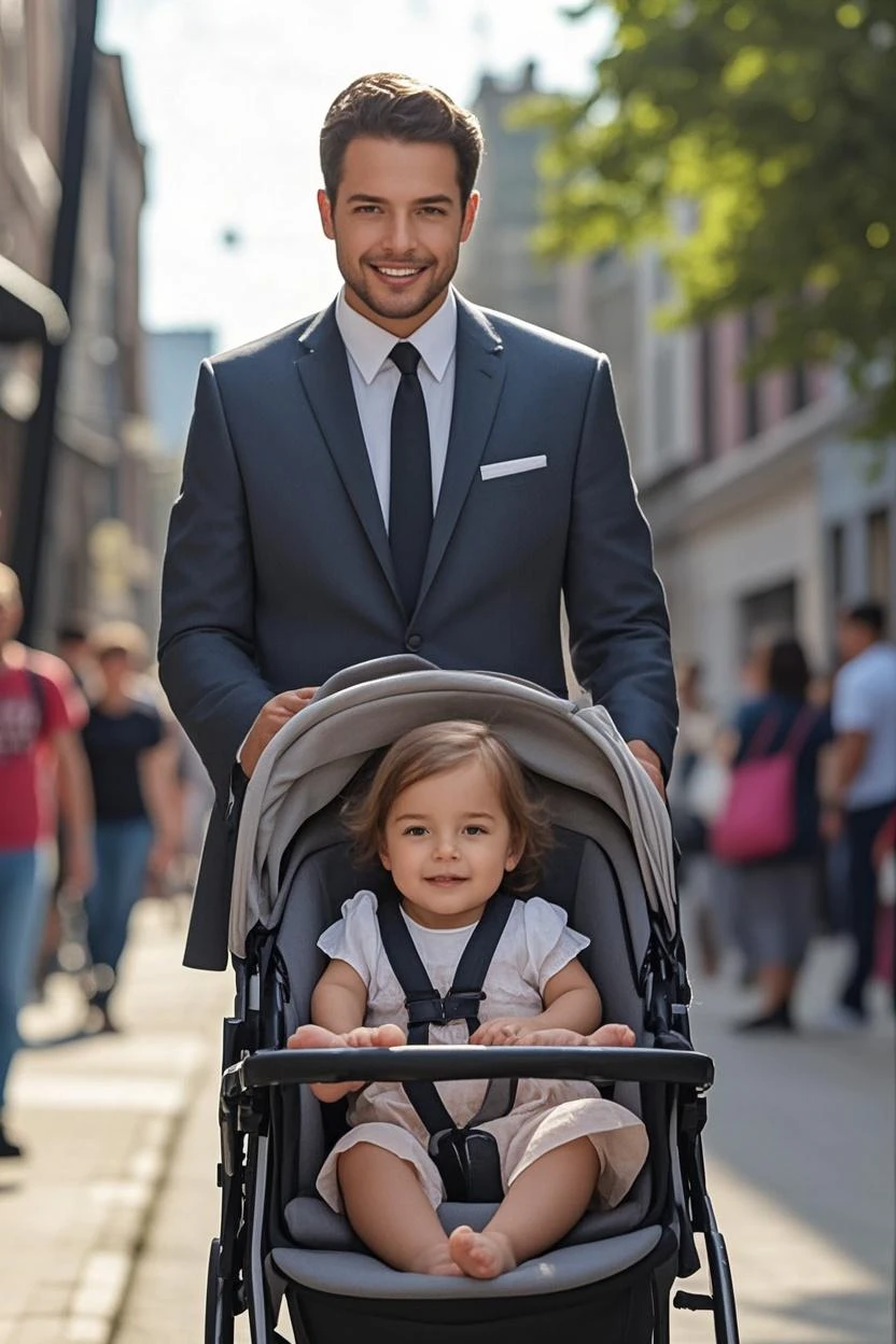 A pilot and a flight attendant, pushing a stroller in their hands and a baby on the stroller, they are both smiling happily