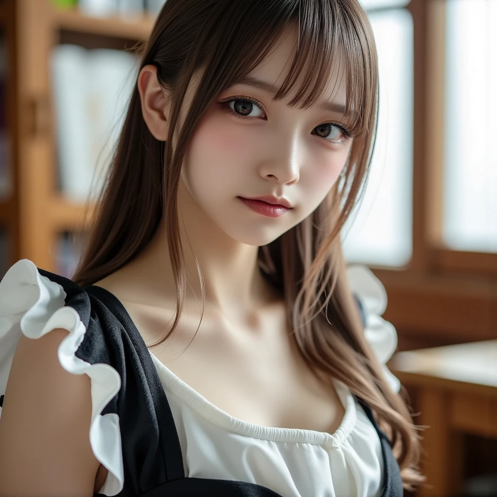 8K, of the highest quality, masutepiece:1.2), (Realistic, Photorealsitic:1.3), of the highest quality, masutepiece, Beautiful young woman, Pensive expression, Cute Maid Clothes, Hair tied back, Cinematic background, Light skin tone