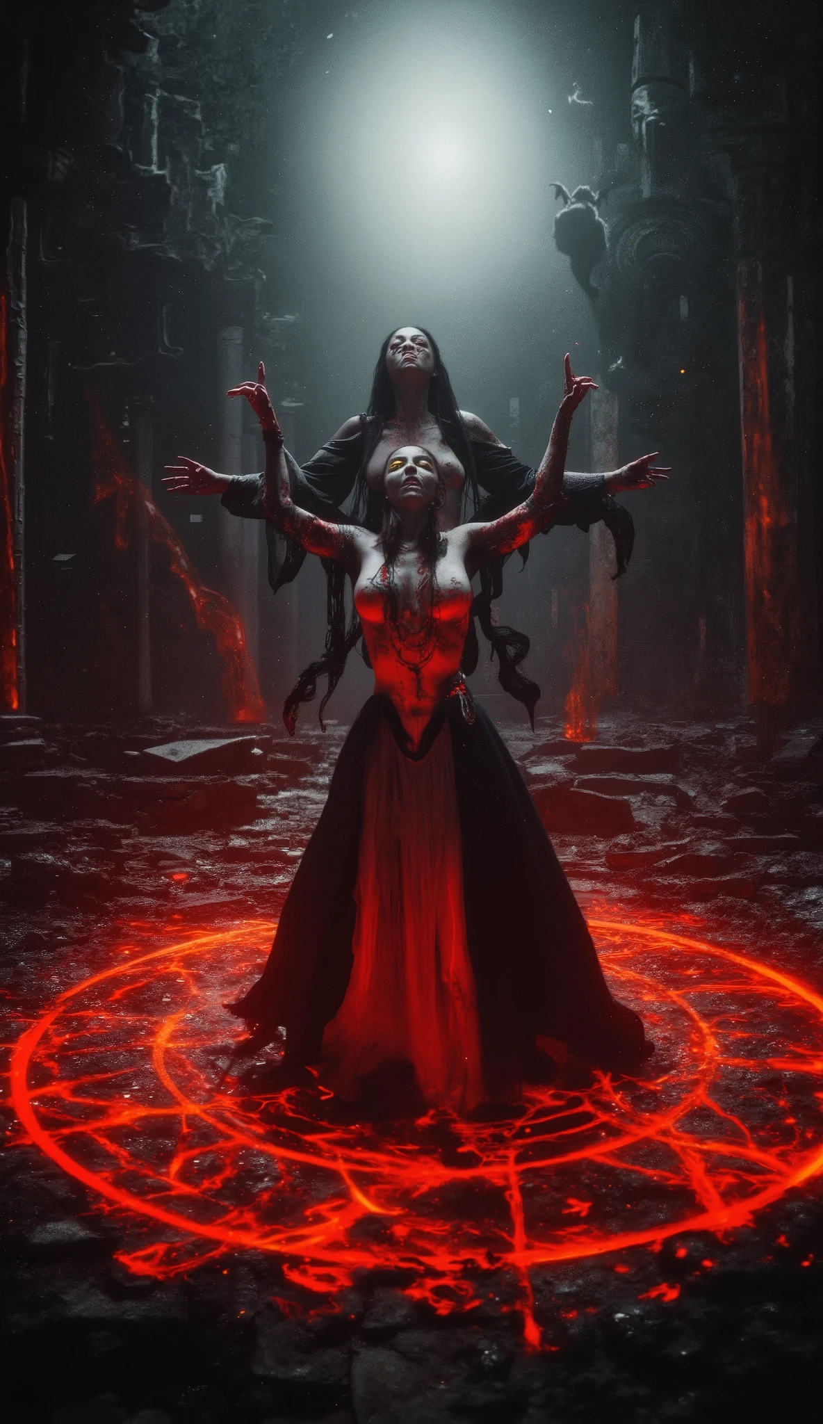 A powerful dark evil blood priestess performing a summoning ritual in ancient temple ruins. She stands in the center of a glowing magic circle carved into cracked stone, surrounded by crumbling columns and arcane symbols. She has red skin with white tattoos, yellow eyes, and a revealing white dress. Her long dark robes flow in the wind, her hands raised toward the sky, channeling energy. Strange creatures stir in the shadows as a portal begins to open. Moody lighting, mystical atmosphere, fantasy realism.