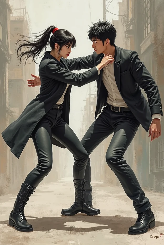 generate a realistic photo that includes a very handsome Korean boy with long hair and a rocker style fighting a popular Korean boy in a friendly manner