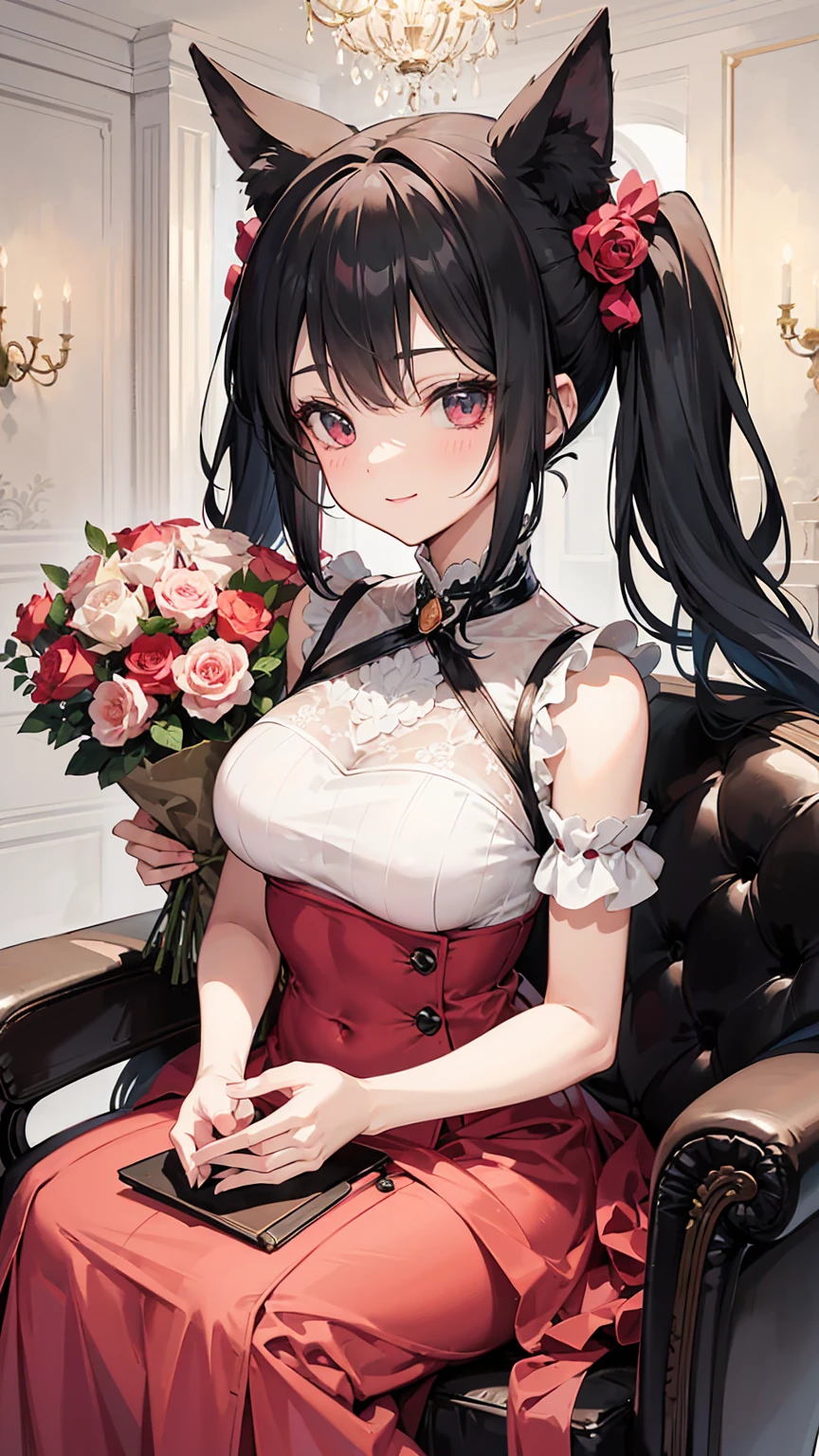 Red lace lingerie, vampire girl, black hair double ponytail, white stockings, smiling, standing atmospheric