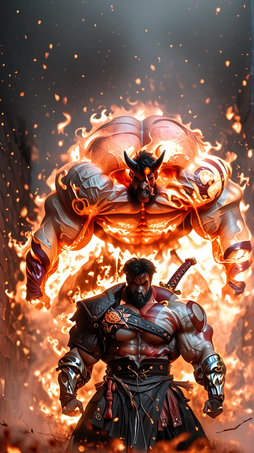 Two warriors saw from a distance a colossal Giant 1000 feet tall, he was emitting black fireballs from his mouth, His skin is burnt, his face is a skull, his hair is burnt, his eyes are burnt, largest muscle, he is 1000 feet tall, like a colossal Titan, (one piece art style), (view: low angle), Fire effect, smoke effect, destroyed tall buildings, he is very tall