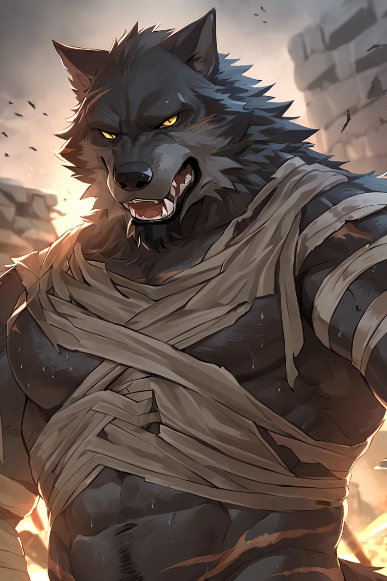 (masterpiece),(highres),(intricate details:1.4),extremely detailed,(illustration:1.2),8k,photorealistic,exquisite,,aged,elder male wolf,muscular,(general:1.7),,manhood,warrior,(black fur:1.3),long hair,long beard,(numerous scars:1.7),(badly damaged:1.7),(bloody cloth:1.9),(bulging crotch:1.8),(homosexual),(a serene face:1.9)