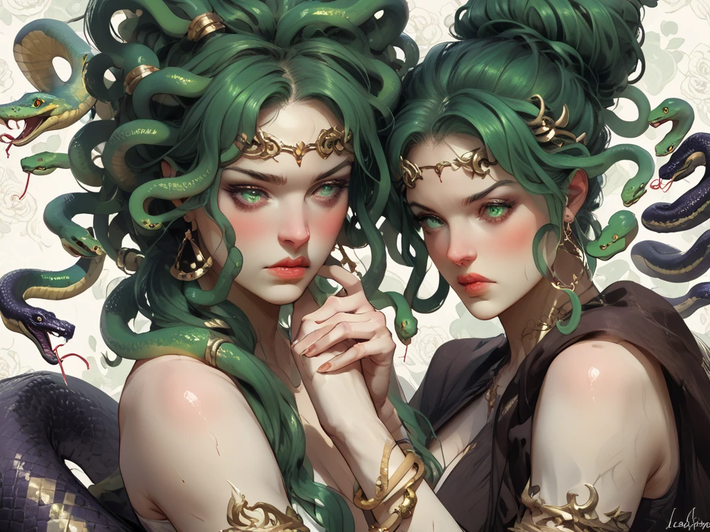 (wistful+MEDUSA+mythological+escuro), belo e assustador, The last look that turns people to stone, um ser parecido com uma mulher com (cabelo FORMADO POR  VARIAS COBRAS) e escamas cintilantes. Vestindo vestido dourado transparente, sorriso assustador