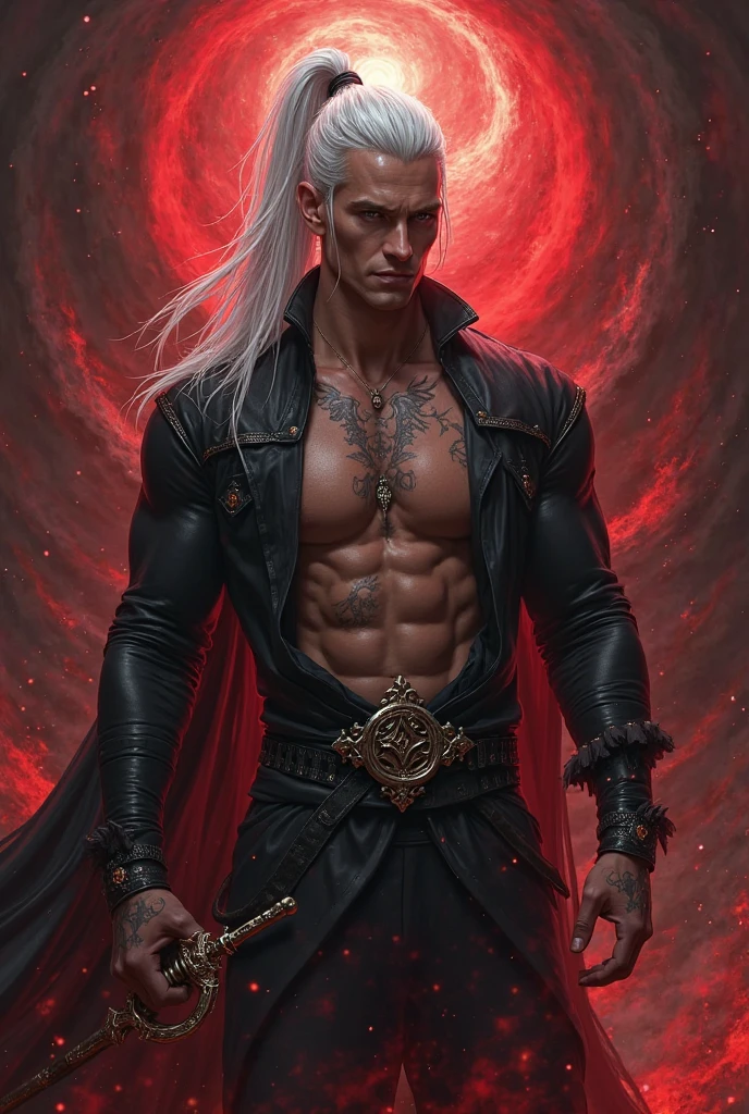 Create a handsome and sexy prince of hell wearing a black body jacket, long white hair tied in a ponytail with some loose strands Having some demonic tattoos and a sword