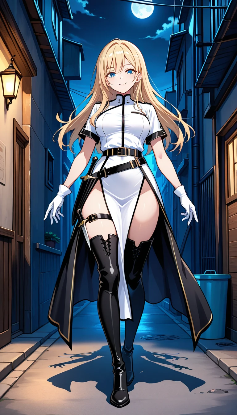 dark fantasy anime illustration of a (mature MILF BIMBO albino skin and short white hair), (FULL BODY) perfect face, wearing tight leather stealth armor, stalking, BIG KNOCKERS CLEAVAGE, lustful smirking smile red blush red cheeks, chain leash, kneeling, shackles, leather black collar slave, ((BLACK background)) hands on glass WITH KNOCKERS on glass, glass window fog water drop, 5 fingers each hand, metal handcuffs, black choker collar, thighhighs, long legs, metal ankle, metal sandals, metal shoulders, standing straight symmetrical against glass