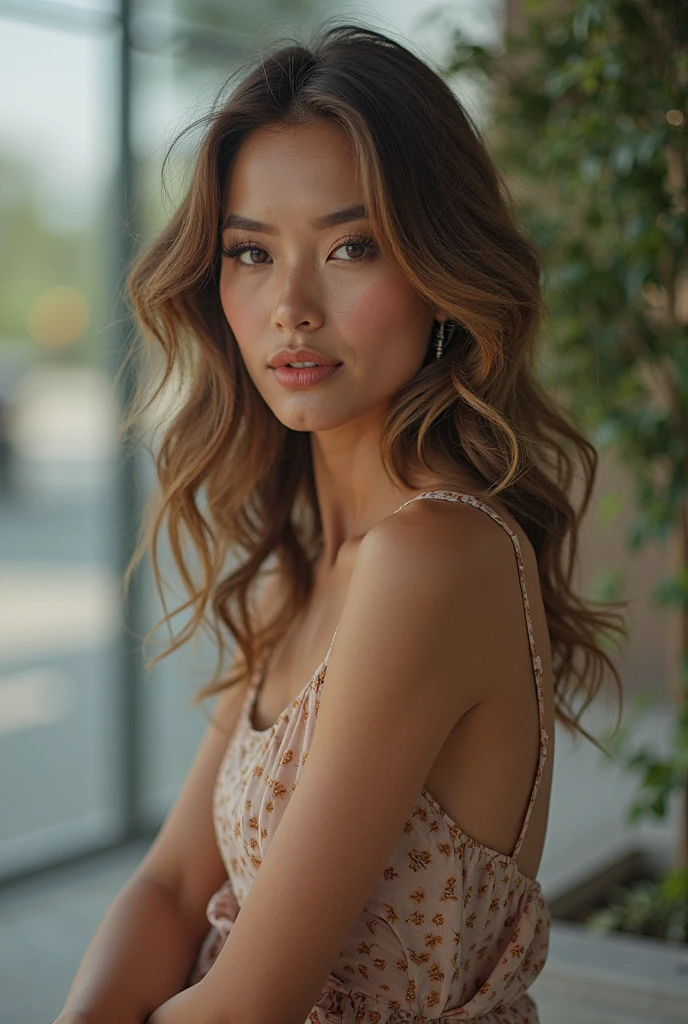 Create a very realistic and beautiful model with the following detailed features: Gender: Female, Age: Young adult (approximately 20-25 years old), Hair: Long, wavy and reddish with a natural shine, gently cascading around the shoulders and back back. . . . . . . . . . . , Eyes: Bright green with a captivating, slightly almond-shaped look, detailed with natural highlights, Skin: Fair complexion with a light texture, including natural freckles on the nose and cheeks, giving a youthful and vibrant appearance: Fair complexion with a light texture, including natural freckles on the nose and cheeks, giving a youthful and lively appearance, Face: with a smooth and natural contour, soft, full lips with a slight pinkish tint and a slightly delicate upturned nose, Expression : a gentle face, with a touch of mischief, which conveys warmth and approachability, Clothing: a flowing orange dress, bright orange color, Context: the model is on an elegant, flowery street, sitting at a table in an open-air restaurant , glass of iced tea on the table, , clear sunny day, view of trees in the background.
Pose: relaxed and confident posture, sitting at a table in an outdoor restaurant, glass of iced tea on the table, , clear sunny day, view of trees in the background.aesthetic, Unsplash, Neoclassicism, Background complex, Best quality, hyper detailed, Gratty Sita, 64K, Light design