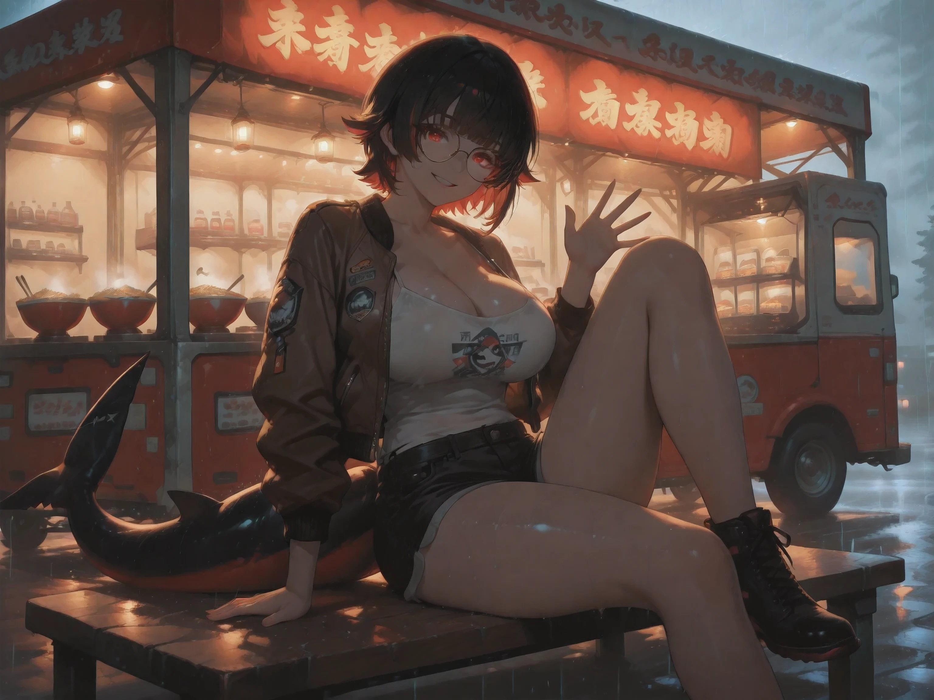 (NSFW:1.1), A Realistic image, extremely sharp focus, crisp details, high resolution, low light, cinematic lighting, fashion photography, 4K, 8K. (correct anatomy and detailed hand). A wide angle shot, side view, a detailed, high quality rendering of ellen joe. She's sitting, leg spreads, ramen on the table. She wears beautiful, detailed round eyeglasses, she wears a string camisole, bomber jacket and shorts. She has a beautiful huge breasts. She has a beautiful face details, a beautiful detailed red eyes, black shark tail, short hair, detailed hands, five fingers and a real human skin, her expression is happy and she looks at the viewer. Food truck. Rain. The background has highest detail, detailed background and depth of field.