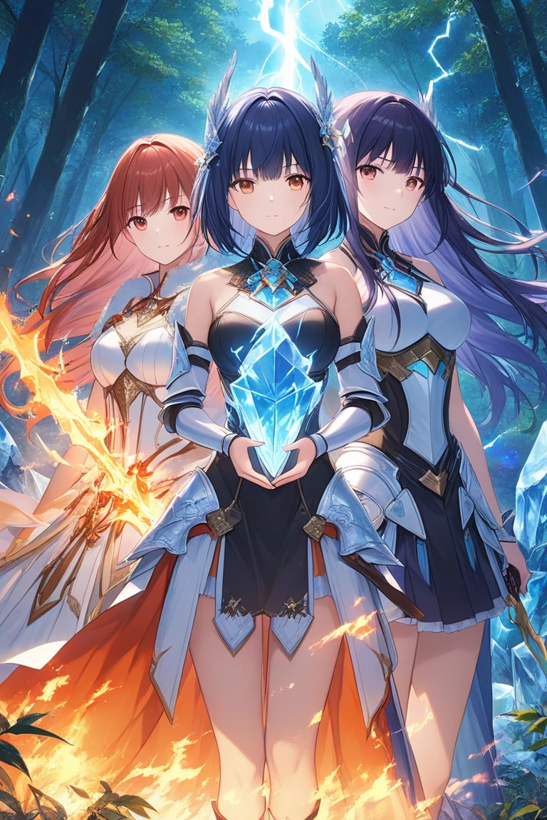 Highest quality、unity 8k wallpaper、32k、masterpiece、Very detailed、Ultra-high resolution、Very detailedな顔, RAW Photos, Professional, Ultra-fine painting,　Blue Hair、Princess Half Up、Red Eyes、２０Women in their early s、Magic Warrior、Blue and white leotard、White pleated skirt with blue lines、Half puff sleeves with shoulder pads、A large white ribbon with a large sapphire on the chest、White and blue long gloves、White and blue thigh-high stiletto boots、Full Body