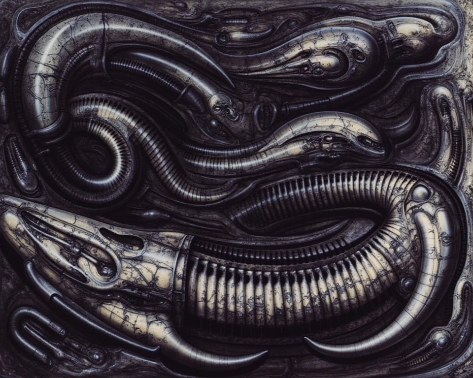 The image is a detailed view of H.R. Giger's biomechanical tableau \" Landscape XVI \" plate, featuring.
(airbrush painting, Giger's alien in front of broken alien ship in landscape, natural light, sharp focus, illustration, highly detailed, digital painting, concept art, matte, art by gric and kozhanov and moebius and Alphonse Mucha, masterpiece, HDR ,UHD , uplight, in HRGigerArhP style);1.
surrealistic painting of a monster with multiple tentacles and a body that looks like a brain, surrounded by a chaotic scene of swirling clouds and other monsters
It's a complex network of bones and organs in eldritch color scheme:a greenish-brown hue ,swirling gery and brown colors. The artwork is silverish and green brown, with an ivory bones prominently displayed. The image is highly detailed and intricate, almost like a 3d version of a medical sketchwork.
The piece is a tableau, most likely created with a India ink pen or pencil on paper, determined by the thin lines, shading techniques, and the texture of the paper, which is visible around the edges.
Used is pen, given the shading and variations in line weight visible in the image. Artist have used a variety of stylus with different degrees of hardness to achieve the shading effects.
The use of undersaturated green-grays dark contrasts creates a stark and graphic look. Is used a variety of linework techniques to create different textures. Fine, parallel lines create a smooth, metallic texture,while thicker, more cursive lines suggest cables or wires.
Light source from the top highlights skeletals, pper part of foreground, lower part of image is in shadowupper part of foreground, lower part of image is in shadow.
The art performance showcases the artist’s skills in observation and rendering. The level of detail in the piece suggests a close study of real bone specimens and mechanics. The artist has skillfully used shading techniques to create a convincing illusion of three-dimensionality on a flat surface. The wrinkles