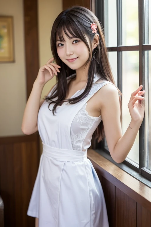 There is a woman sitting on a bench in a restaurant, spread legs,show white panties,sexy,anna millers uniform、penis、She is raising her right knee and showing her white panties.、spread your legs,show white panties,penis、thin waist、big exy ponytail、penis、Sexy、Girl to La(Girl and La)(Girl and La)(Girl and La)(Girl and La)(Girl and La), Ayaka cosplay, white and orange breastplate, maid dress, anime girl cosplay, , wearing a maid outfit, cosplay, maid costume, maid costumeを着たアニメの女の子