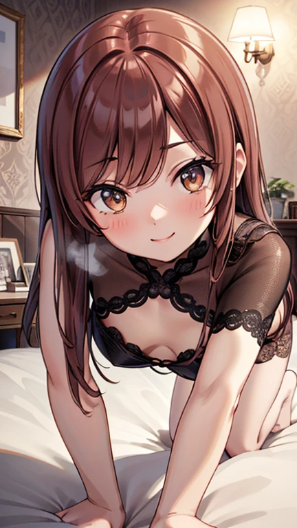 Highest quality, Super Resolution, 8k, (Delicate expression), Pretty Girl JC, too young girl, Chibichara, Cute Face, Shiny brown hair in a ponytail, Perfect human body, She is half-naked, (Small breasts:1.6), Small breasts, The nipples and areola are pale pink, Very embarrassed, Looking up, Showing off her pussy and ???????, I want you to lick my pussy, I want you to touch my pussy, She's lustful, Excited and wet pussy juice, Spread your legs wide, My  is about to come off, A lewd act only shown to you, Immoral poses, Immoral Eros, Bedroom, Makes men crazy, Immature female body, Dynamic Angle, 