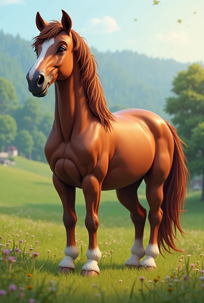 A horse, Brown color, horse penis, horse penis enorme, horse, Full view, open field
