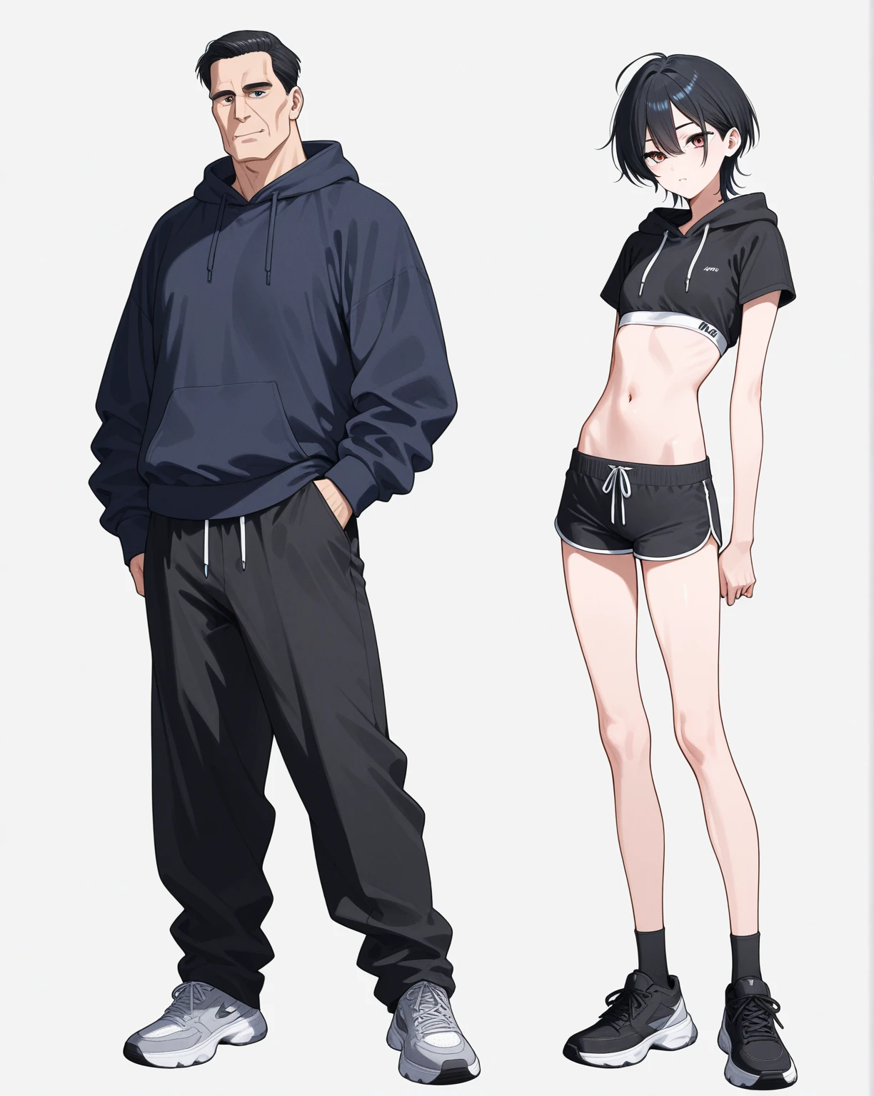 1 girl, pixie cut, white hair, purple eyes, Japanese, huge breast, sports bra, leggings, sexy pose, full body, fit body, white skin, 1 boy with long black hair, tall, red eyes, black tank top, muscular, black jogging pants,