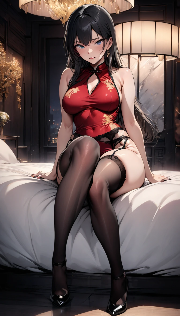 (maximum quality、8k、32k、masterwork、UHD:1.2)、1woman in, europian young, petite, small breasts、pointy breasts cleavage、Long、full - body、highheels、Facial focus、Light red underwear、the feet、White stockings、garter-belts、necklaces、hotels room、Window with night view、lamp, NSFW, sexy cleavage,hotel, Realistic, A sexy, 4K, max quality, small breasts, super sharp image, 8K, beautiful sensual pose, underwear model , photo session, big breasts, tan lines, open legs touching your crotch, Pubic hair.  Slender. The crotch is open.open mouth,(gravure pose,fullbody:1.5)