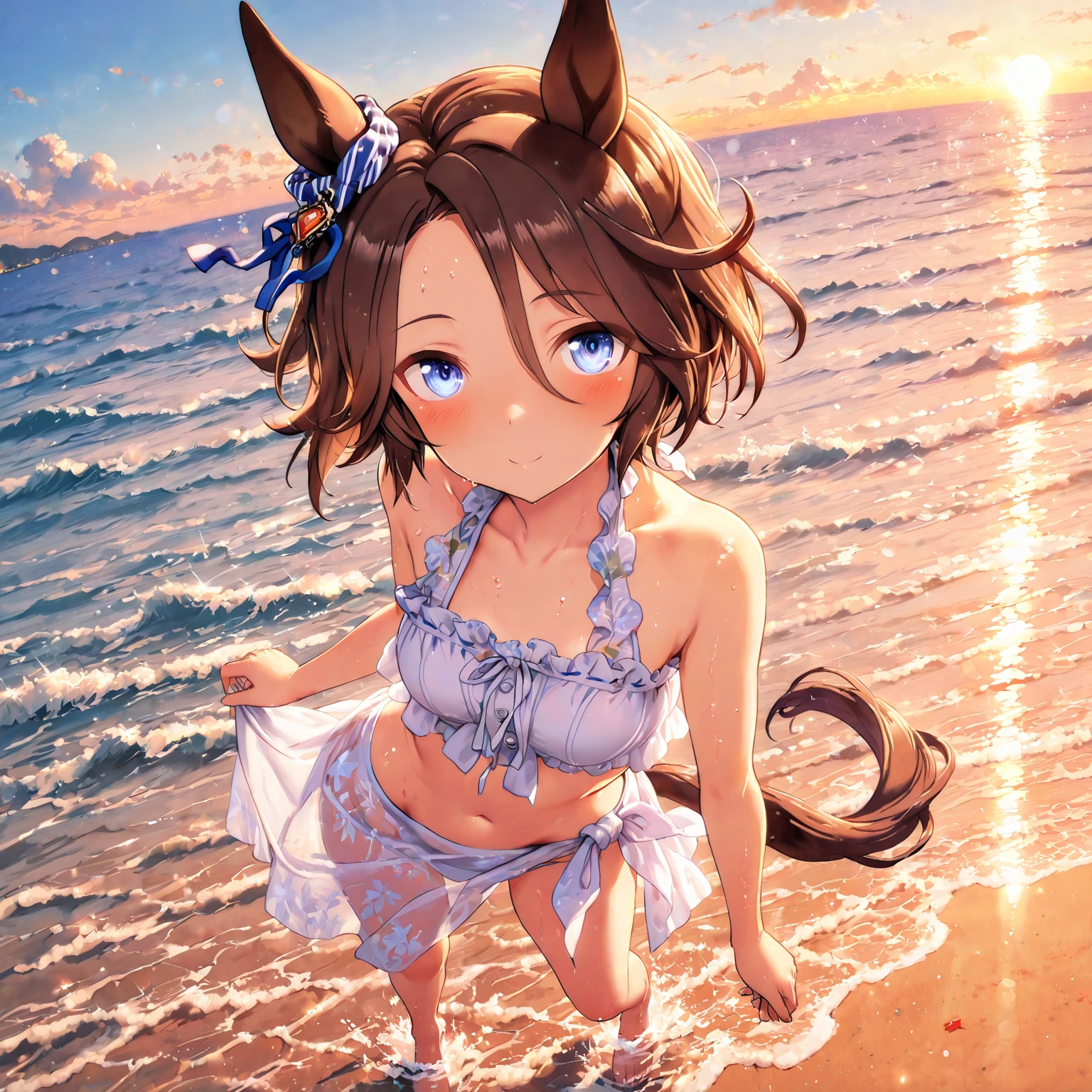 ((16k, highest quality, master piece: 1.2, super detailed, super high resolution, super detailed)), Chinese ink painting, 1 girl, Glass Wonder \(umamusume\), Chestnut Hair, one girl, animal ears, horse tail, Blue Eyes, exposed shoulders, fashionable, elegance, charming, seductive, gorgeous, stunning, charming cleavage, lovely, charming, cute, beautiful detailed face, beautiful detailed eyes, soft expression, slim Beautiful figure, curvaceous, moderate bust, slender arms, graceful hands, delicate fingers, slim wrists, elegant neck, bare shoulders, smooth skin, Seaside, sandy beach, squatting, Outdoors, blue sky,((Bikini Swimwear, drenched, Wet skin, Wet T-shirt, see-through)), (smile:1.6)