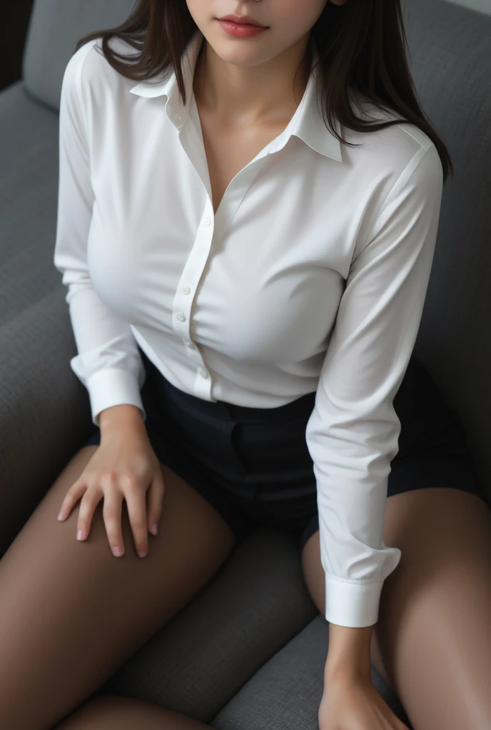 Urzan-6500-v1.1, (RAW Photos:1.2), (Realistic), (See-through:1.3), (masterpiece), (Genuine:1.4), Very detailed, Sharp focus, One beautiful woman, Updo, White Tight Button Shirt, Black tight skirt, (Ultra-realistic pantyhose), Sit on the floor with your feet together、Very detailed顔と肌の質感, ((fine grain)), ((Beautiful Eyes:1.2)), compensate、smile, bed
