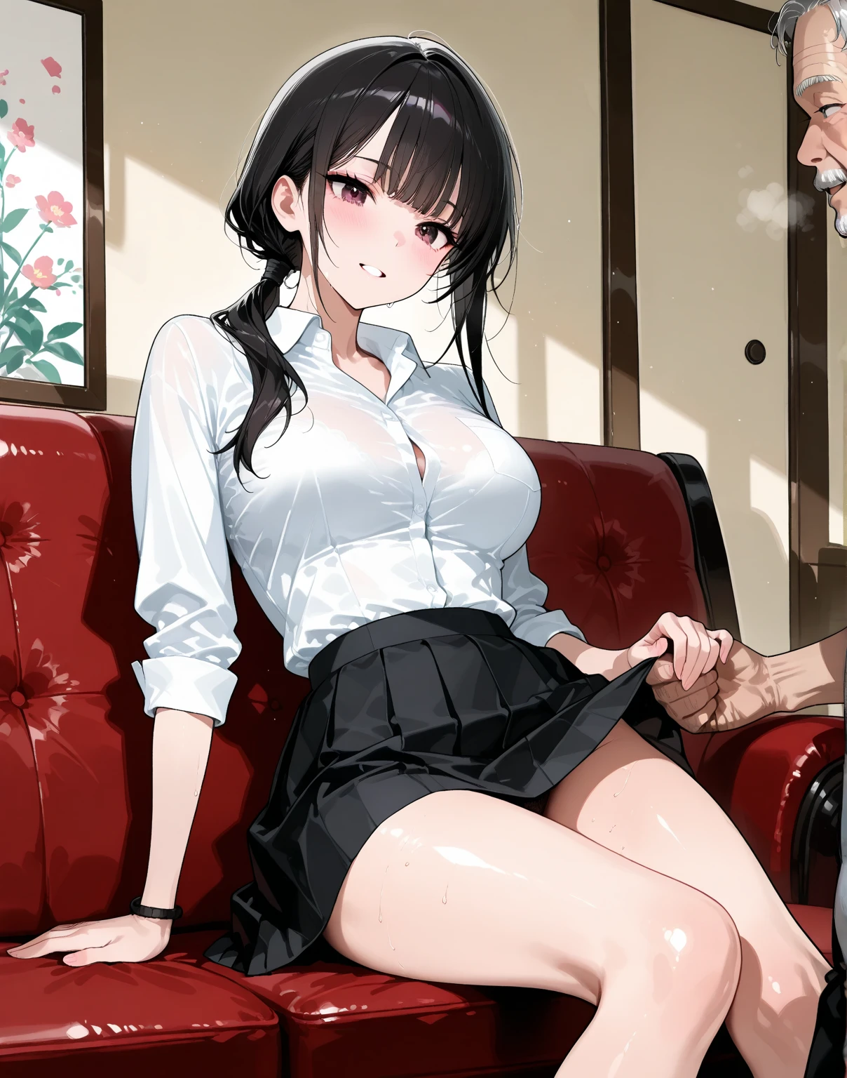 Dark hair, length hair, , gorgeous model, Beautiful Asian Girl, cleavage, Gorgeous young woman, a sexy girl, Blouse, bow ribbon, Short pleated skirt, large breasts, Beautiful Asian Woman, goddess of Japan, Asian Girl, Beautuful Women, busty, with a big chest, Big breasts,(steam,Sweat,Lower grade), Little boy standing in Men's toilet, urinal Lower your pants, BIG penis, Woman crouching beside boy, Side view, (award-winning, UHD, anime, high detail, 16k, high quality, masterpiece)