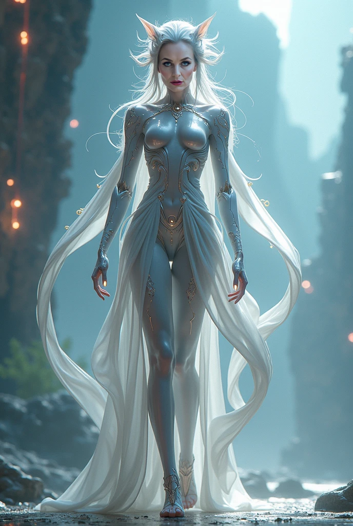 A woman with antler. She has no ears. She has no mouth. She has long white hair. Her skin is silver. Purple eyes. White and gold dress. Scaled arms and legs. Her feet look like horse hooves. She has long tail.