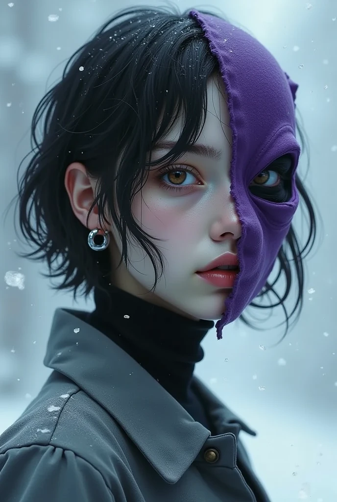 A pretty tomboy girl 18yo with short hair and brown left eye in a gray winter jumpsuit. The face on the right side is covered: The girl is wearing a tight-fitting anatomical vertical half mask made of purple felt without an eye slot (left eye is covered, this eye is artfully drawn on the mask fabric) over the entire right half of her face (the left side of the face is completely open), like the Phantom of the Opera. The right eye is closed (the right eye is blind) (the right eye is drawn on the fabric of the mask)(right-sided hollow mask), visible mouth, visible left side of face, closed right side of face, covered right side of face(halfface)