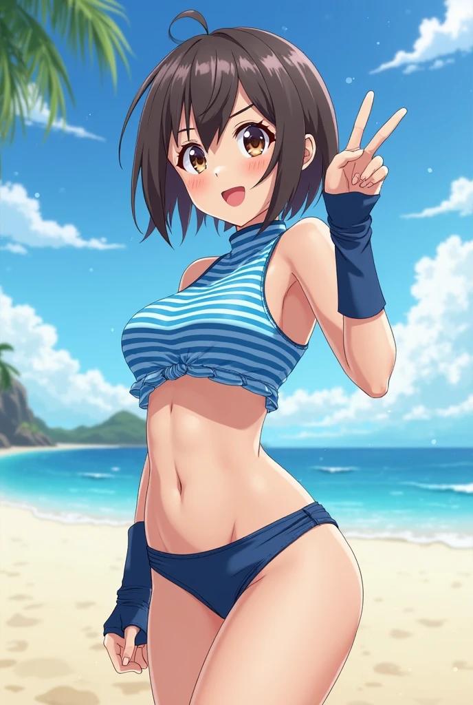 (masterpiece:1.2) , (best quality:1.2) , (ultra-detailed:1.2), 2.5D,extremely detailed,anime,girl,beach,(sunlight:1.4),ruffle bikini,ass focus,smile,action,dark skin